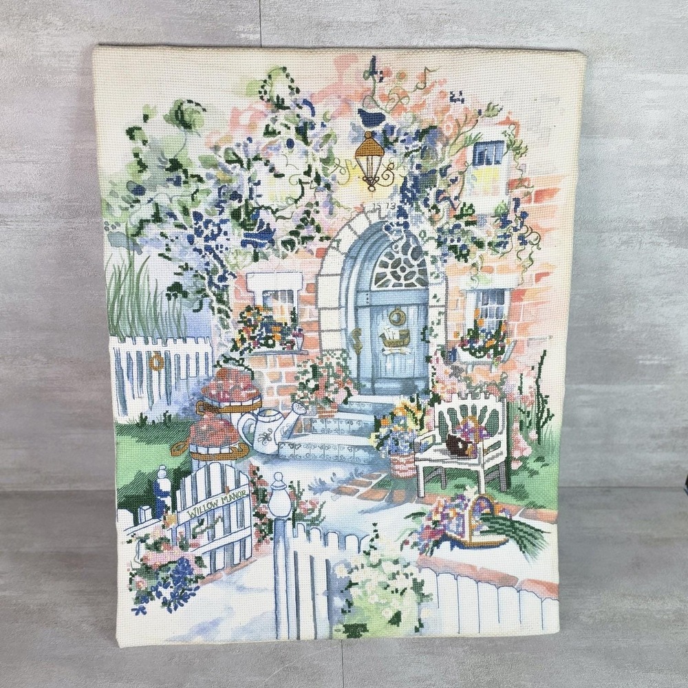 Finished Vtg Needlepoint Tapestry Candamar Design "Willow Manor" Cottage 18x14"